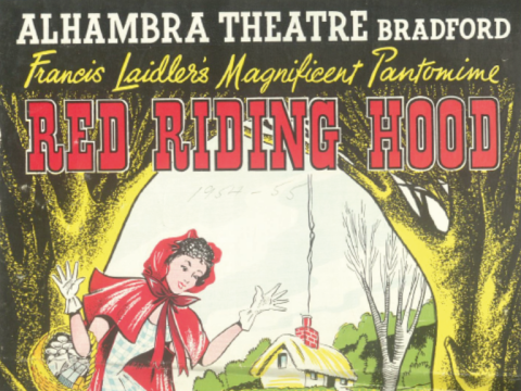 Old Red Riding Hood panto poster artwork with drawing of a young girl walking through the woods.